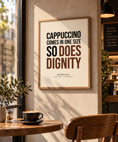 Cappuccino Comes in One Size — Funny Coffee Poster | Depresso