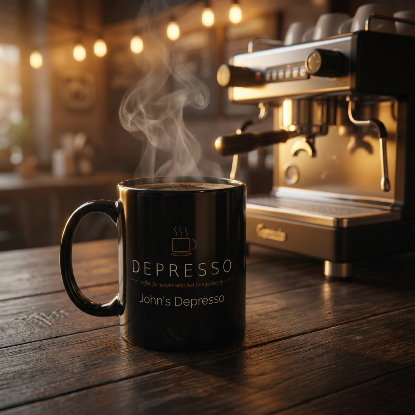Depresso 15oz Black Mug — Coffee for People Who Feel Things Deeply