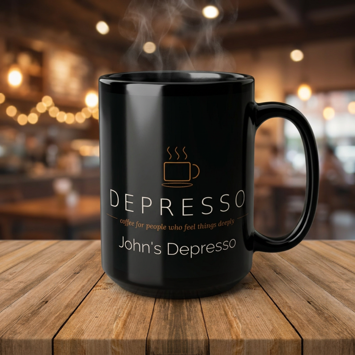 Depresso 15oz Black Mug — Coffee for People Who Feel Things Deeply