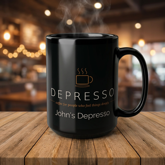 Depresso 15oz Black Mug — Coffee for People Who Feel Things Deeply