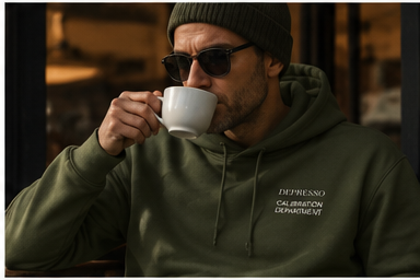 Olive Depresso Calibration Department hoodie coffee lifestyle