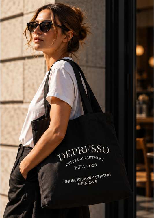 Woman carrying black Depresso Coffee Department tote