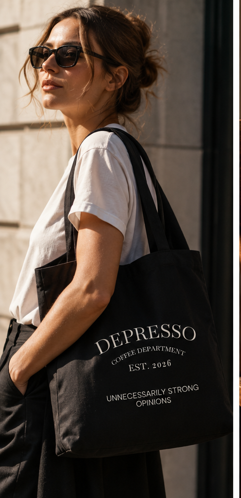 Woman carrying black Depresso Coffee Department shoulder tote