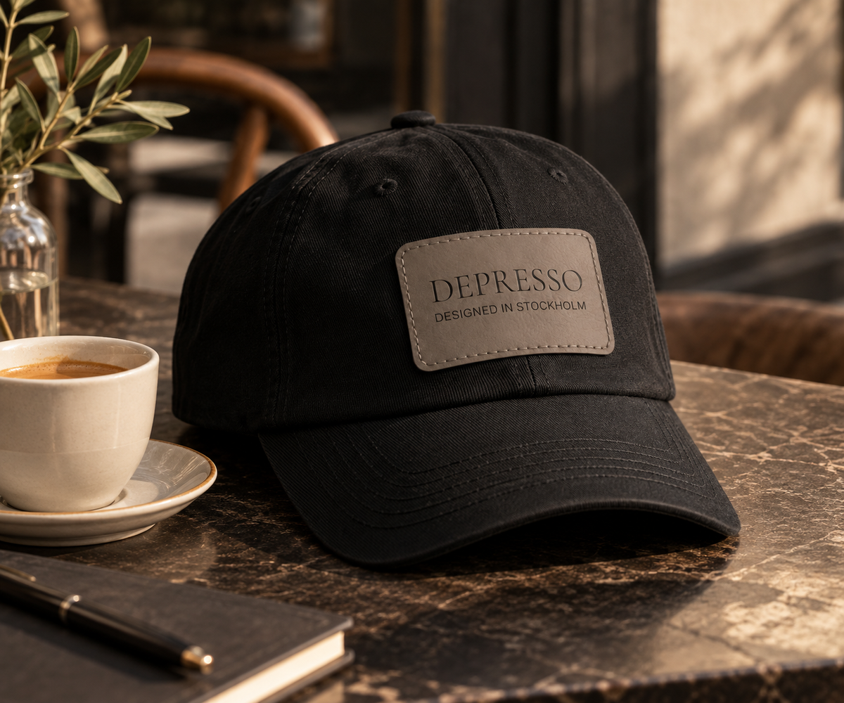 Black Depresso Heritage Cap with grey patch in a warm café setting