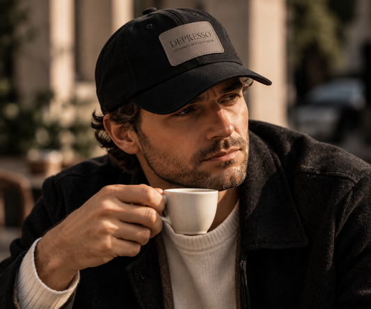 Man wearing the black Depresso Heritage Cap at a café