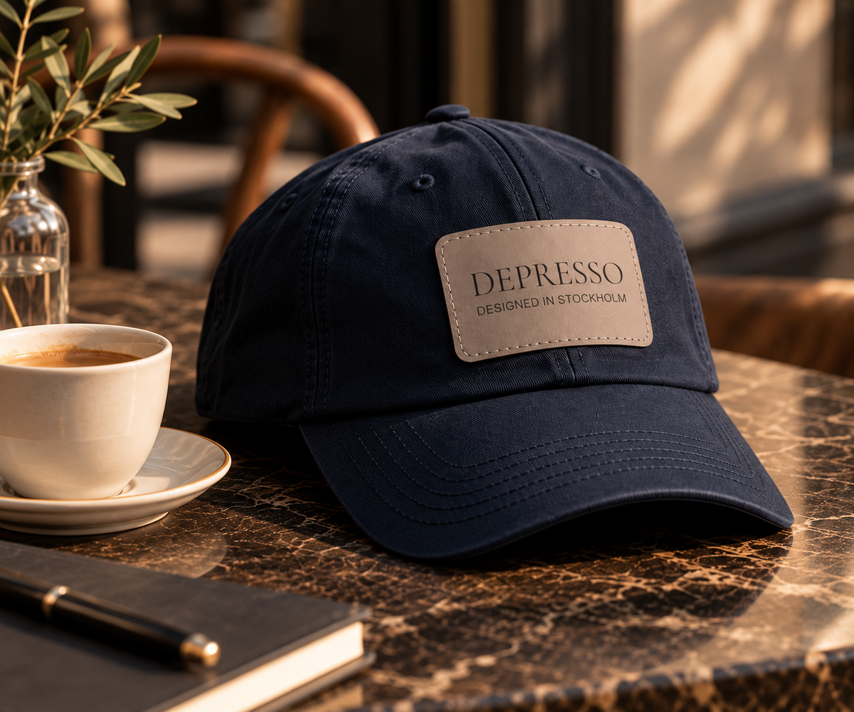 Navy Depresso Heritage Cap with grey patch in a warm café setting