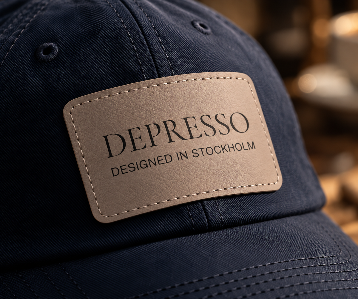Close-up of the navy Depresso Heritage Cap grey patch
